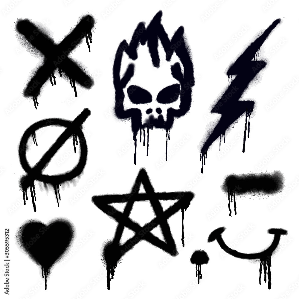 Spray Paint Vector Elements isolated on White Background, fire skull, heart, star, thunder and smily shape Lines  Ink blots set, Street style. - obrazy, fototapety, plakaty 