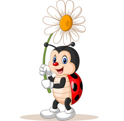 Sticker - Cartoon cute ladybug holding flower