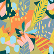 © taisiyakozorez - Bright, multi-color seamless pattern with elements of tropical leaves, abstract elements. Modern abstract collage.