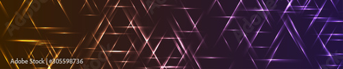 Colorful violet and orange neon triangles. Glowing abstract geometric banner ...