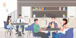 © mast3r - businesspoeple sitting at table having coffee break mix race business people discussing during meeting modern office kitchen dining room interior horizontal portrait vector illustration
