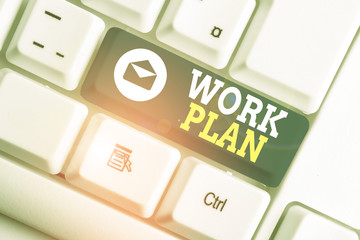 Fototapete - Word writing text Work Plan. Business photo showcasing project to be accomplished and outlines how it will be done White pc keyboard with empty note paper above white background key copy space