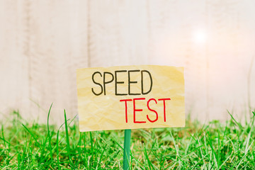 Poster - Handwriting text writing Speed Test. Conceptual photo psychological test for the maximum speed of performing a task Plain empty paper attached to a stick and placed in the green grassy land