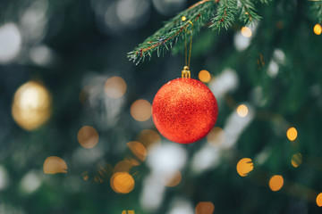 red christmas ball hanging on branch on sruce tree outdoor, snow, winter, with decorations.
