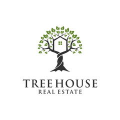 real estate logo with tree trunked elements combined with house, vector eps 10