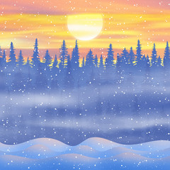 Wall Mural - fantasy on the theme of the winter landscape. the sun sets behind the trees. forest and snow drifts,