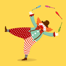 Vector Illustration Cartoon Of A Cute Clown Juggling With Clubs.