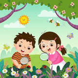 Vector illustration of two kids looking through magnifying glass at ladybugs on plants. Children observing nature.