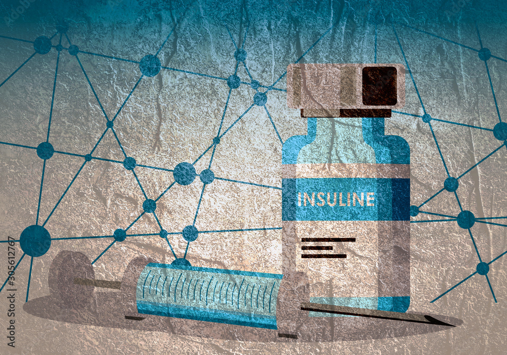 Insulin Injection Blue Vial with insulin hormone and single use insulin syringe. Set for ...