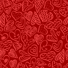 cute hand drawn seamless pattern with heart shapes. outline doodle elements on red background. vecto