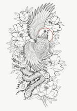 Hand Drawn Phoenix And Flower Outline Tattoo Design.