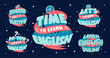 English learning stickers. Creative poster, web banner, patches, typographic design. Design elements collection for language classes, courses, school or online speaking club. 