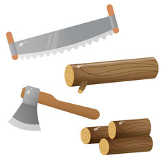 Set of tools. Color images of saw and axe with woodpile and log on white background. Vector illustration.