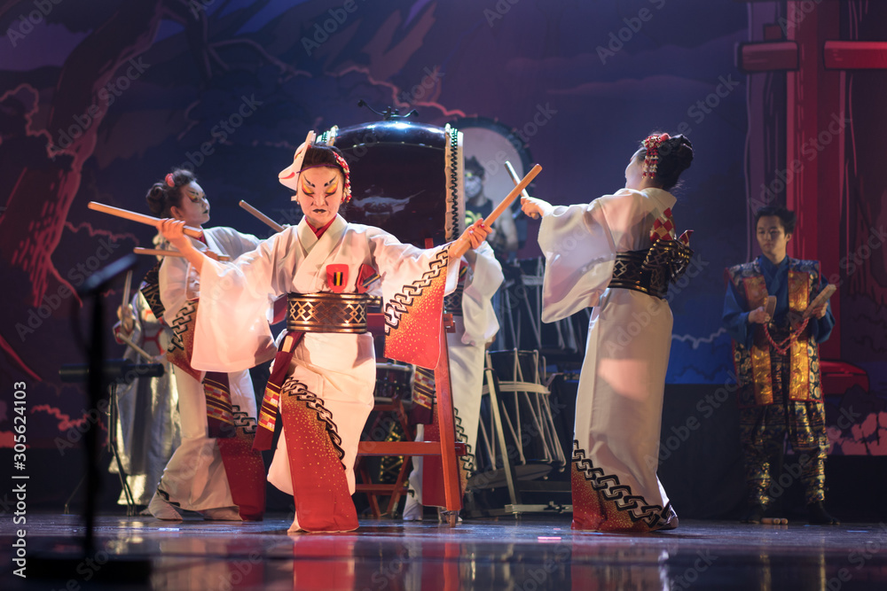 Traditional Japanese performance. Group of actresses in traditional ...