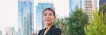 Asian Confident Business Woman Looking Up To The Bright Future Of Her Career Opportunities. Job, Work Aspirational Banner Panorama Background. Businesspeople Lifestyle.