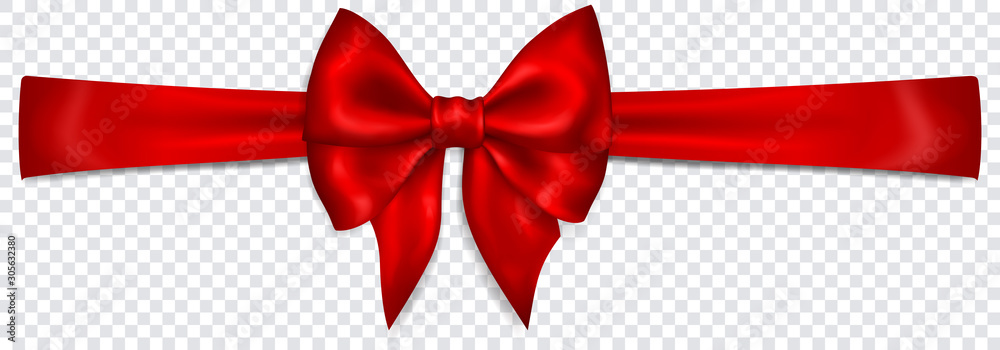 Beautiful red bow with horizontal ribbon with shadow on transparent background. Transparency only in vector format - obrazy, fototapety, plakaty 
