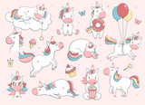 Cute unicorn set.  Vector characters for birthday, invitation, baby shower card, kids t-shirts and stickers kit. Hand drawn nursery illustration.