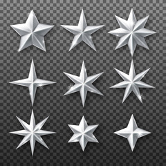 silver star set isolated on transparent background. vector realistic decoration