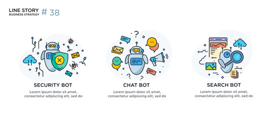 Set of illustrations concept with businessman. technology, partnership, connection, business robot, cyber. linear illustration Icons infographics. Landing page site print poster. Line story