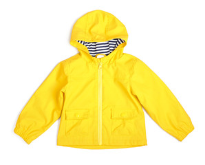 Stylish raincoat on white background