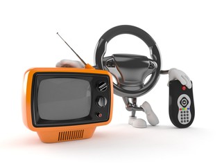 Wall Mural - Car steering wheel character with tv set and remote