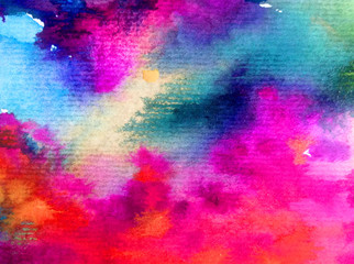 Watercolor abstract bright colorful textural background handmade . Painting of sky and clouds during sunset . Modern cosmic pattern . Shine