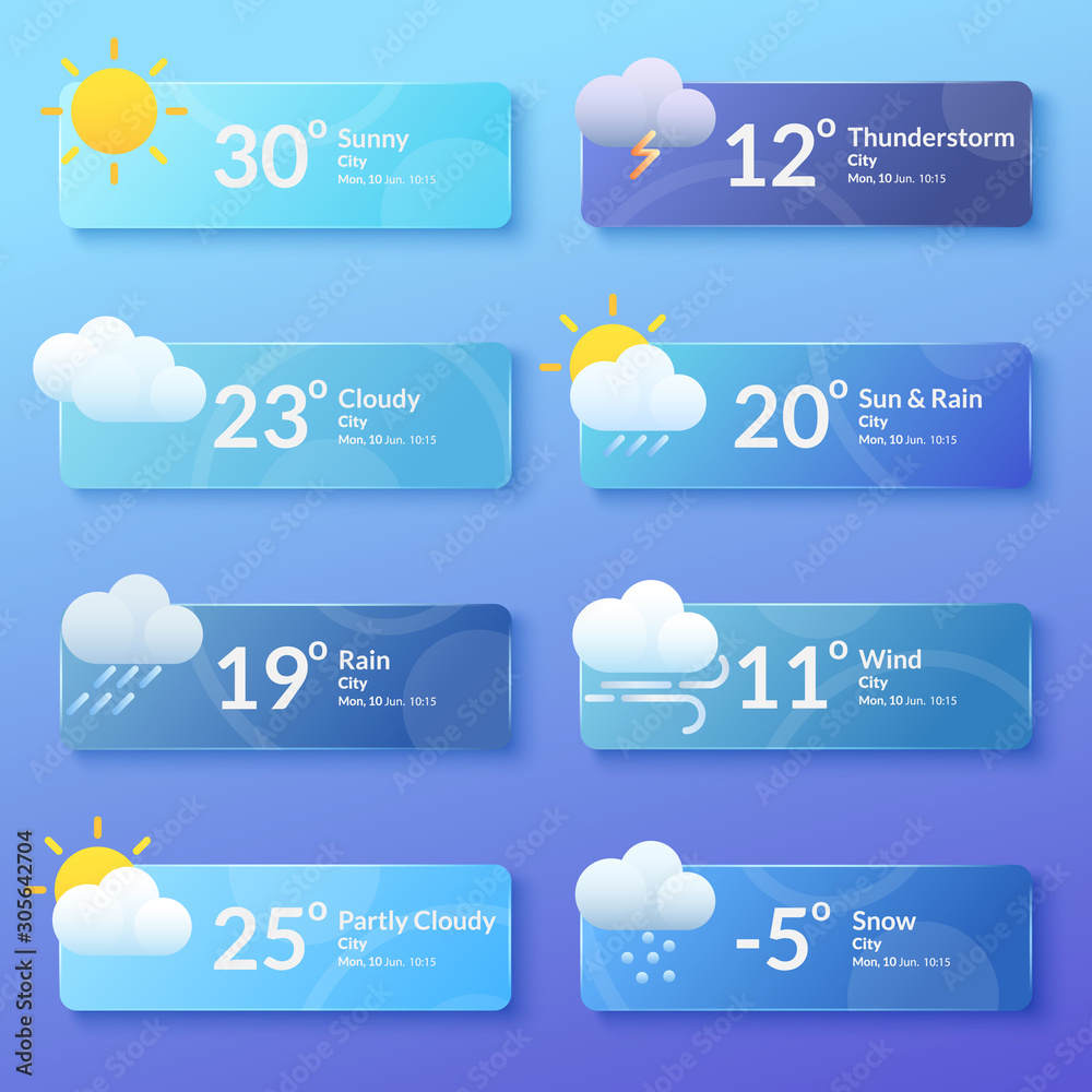 Weather forecast. Meteorology. Set of flat style banners - obrazy, fototapety, plakaty 