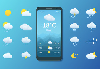 meteorology. smartphone with weather forecast. set of flat style icons