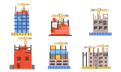 Poster - Set Of Icons With Building Activity And Working Cranes Flat Vector Illustration