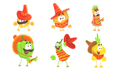 Sticker - Cartoon traditional mexican food. Set of vector illustrations.