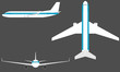 Flying airplane, jet aircraft, airliner. Airlines transportation concept. Top, front, side airplane. Detailed passenger air plane isolated on grey background.