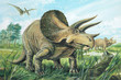 TRICERATOPS. A plant-eater. The largest of the horned dinosaurs. About 20ft (6m) long. Background: Pteranodon. Upper Cretaceous, about 70 million years ago. *No. 8 in a series of eight.* 