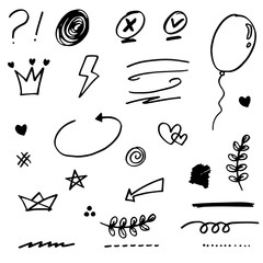 Wall Mural - Hand drawn set elements, black on white background. Arrow, heart, love, speech bubble, star, leaf, sun,light,check marks ,crown, king, queen,Swishes, swoops, emphasis ,swirl, heart, for concept