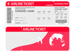 Airline ticket or boarding pass for traveling by plane isolated on white.Plane ticket template. Air economy flight. Red design. Boarding Pass to take off the aircraft. Vector illustration.