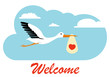 Stork carries a child in the clouds. Stork with a baby. Flat, vector illustration of a stork carrying a child.