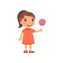 Cute Girl With Sweet Pink Candy Flat Vector Illustration. Happy Child With Sweet  Dessert Cartoon Character. Little Kid Holding Lollipop Isolated On White Background