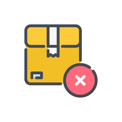 Poster - Parcel, delivery box with cancel cross color line icon. Cardboard box with decline cross vector outline colorful sign.
