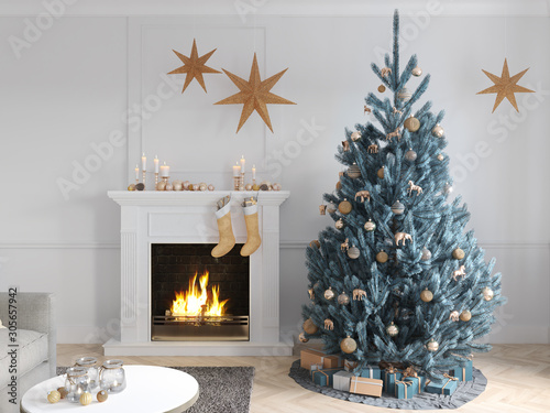 Download 3d Illustration Christmas Scene With Decorated Tree And Fireplace Buy This Stock Illustration And Explore Similar Illustrations At Adobe Stock Adobe Stock PSD Mockup Templates