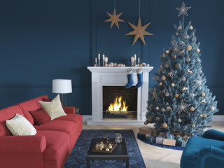 3D-Illustration. christmas scene with decorated tree and fireplace.