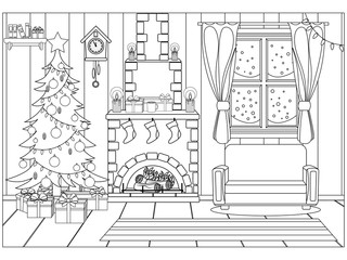 Wall Mural - Coloring book for kids and adults in the form of a vector room prepared for the celebration of the new year and Christmas.