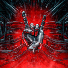 Wall Mural - devil horns cyber hand / 3d illustration of grungy metallic artificial robot fingers showing rock sy