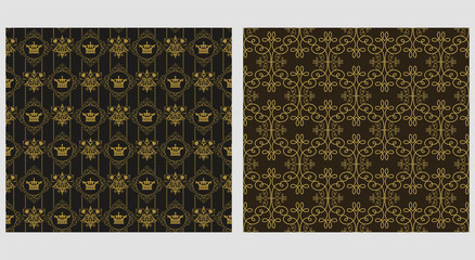 Background patterns in retro style. Seamless vector backgrounds. Wallpaper texture. Colors image: gold, black. Ornate graphic design. Graphic royal pattern.