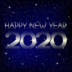 Wall Mural - 2020 happy new year greetings on blue starry background.