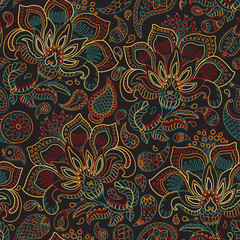  Vector seamless pattern from hand drawn fantasy Paisley and flower on a black background. Floral Indian contour print. Wallpaper, wrapping paper, textile print, batik 