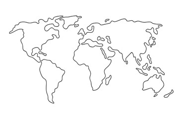 world map. hand drawn simple stylized continents silhouette in minimal line outline thin shape. isol