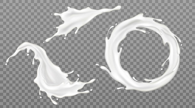 milk splashes set, yogurt or dairy drink product pouring and circle shape frame with white spray dro
