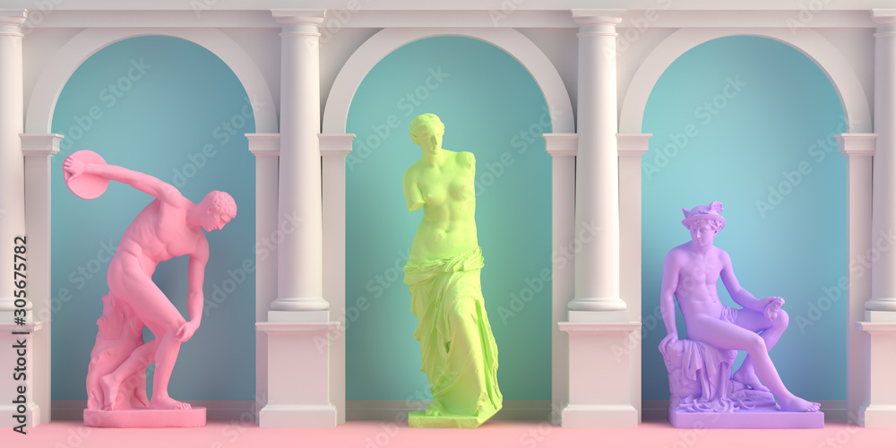 3d-illustration of interior with antique statues Discobolus, Venus, Mercury - obrazy, fototapety, plakaty 
