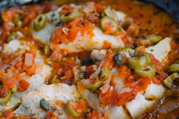 Wall Mural - Close-up of pescado a la veracruzana, fish recipe prepared in Mexico