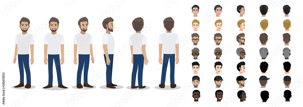 Cartoon character with a man in white casual shirt for animation. Front, side, back, 3-4 view character. Set of male head and flat vector illustration. - obrazy, fototapety, plakaty 