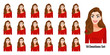 Beautiful long hair lady in red shirt with different facial expressions set isolated in cartoon character style vector illustration
